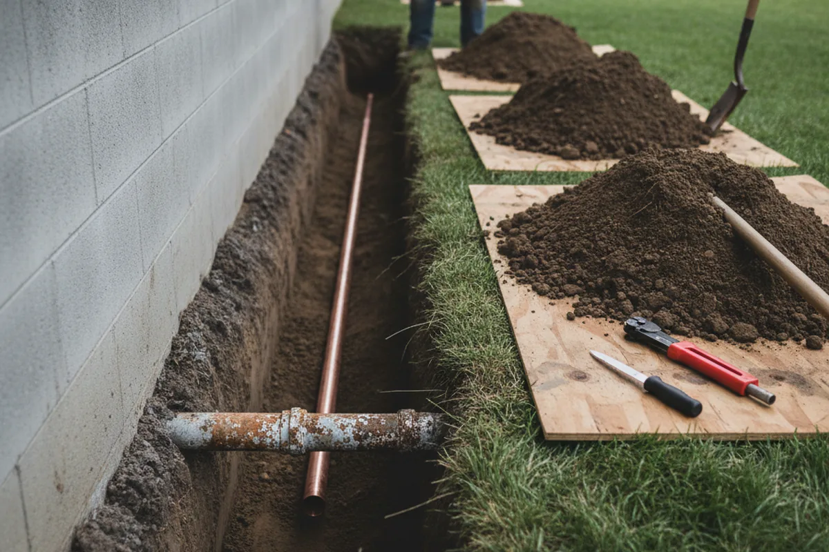 Excavated water line trench during Sewer Line Repair in Hooven